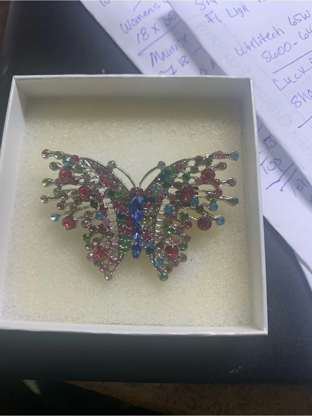 Beautiful Silver Tone Butterfly Brooch Pin With Multi Colored Rhinestones